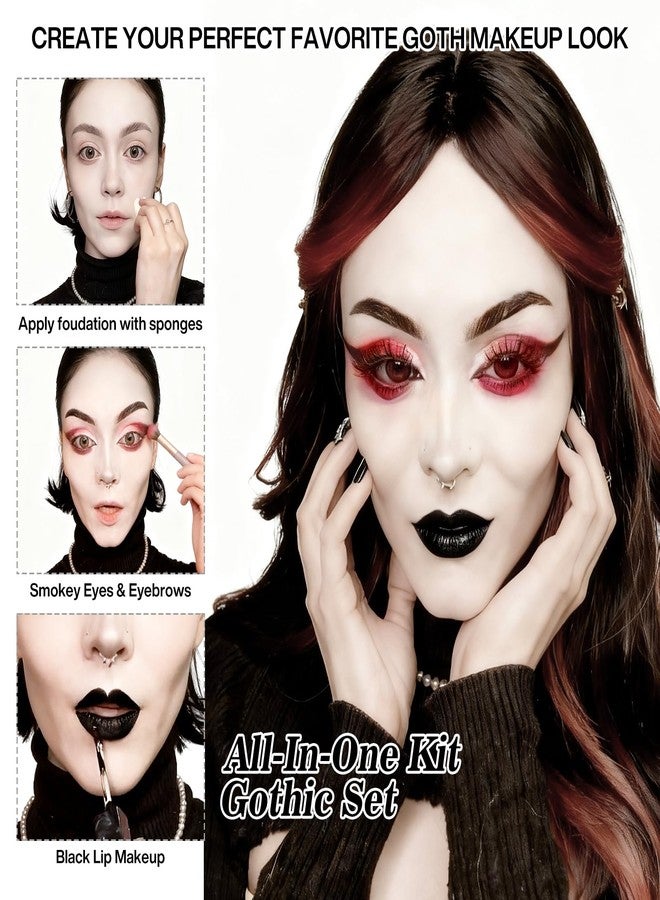 بيوسيلف مجموعة مكياج قوطي - مجموعة مكياج قوطي كاملة لشخصيات مصاصي الدماء، والساحرات، والمهرجين، والإيمو، والجرونج، والمسرح، ومؤثرات الهالوين الخاصة، تتضمن كريم أساس أبيض، ولوحة ظلال عيون حمراء، وأحمر شفاه أسود، ورموش، وكحل عيون، وطلاء أظافر. - Image 4